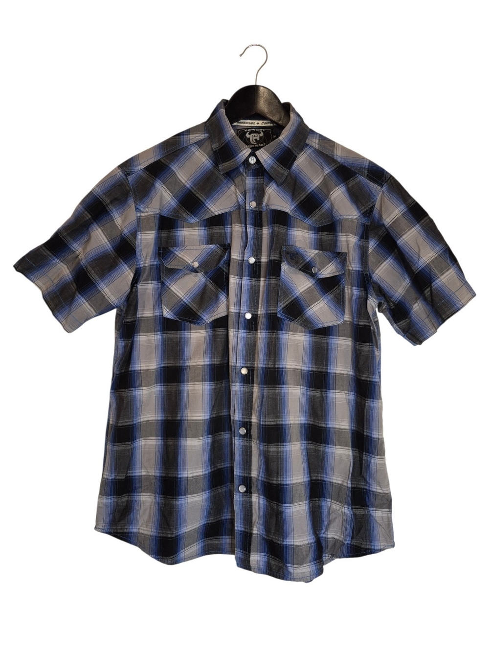 Cowboy Hardware Blue Grey Plaid Pearl Snap Short Sleeve Western Shirt Medium
